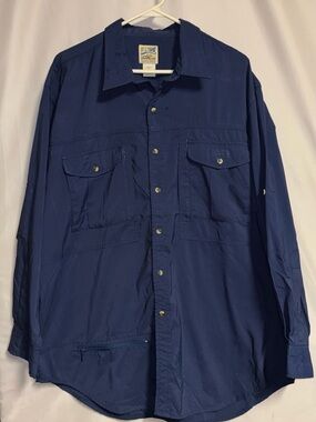 TravelSmith Mens Utility Shirt Size L Blue Vented Long Sleeve Roll Tab Zippers